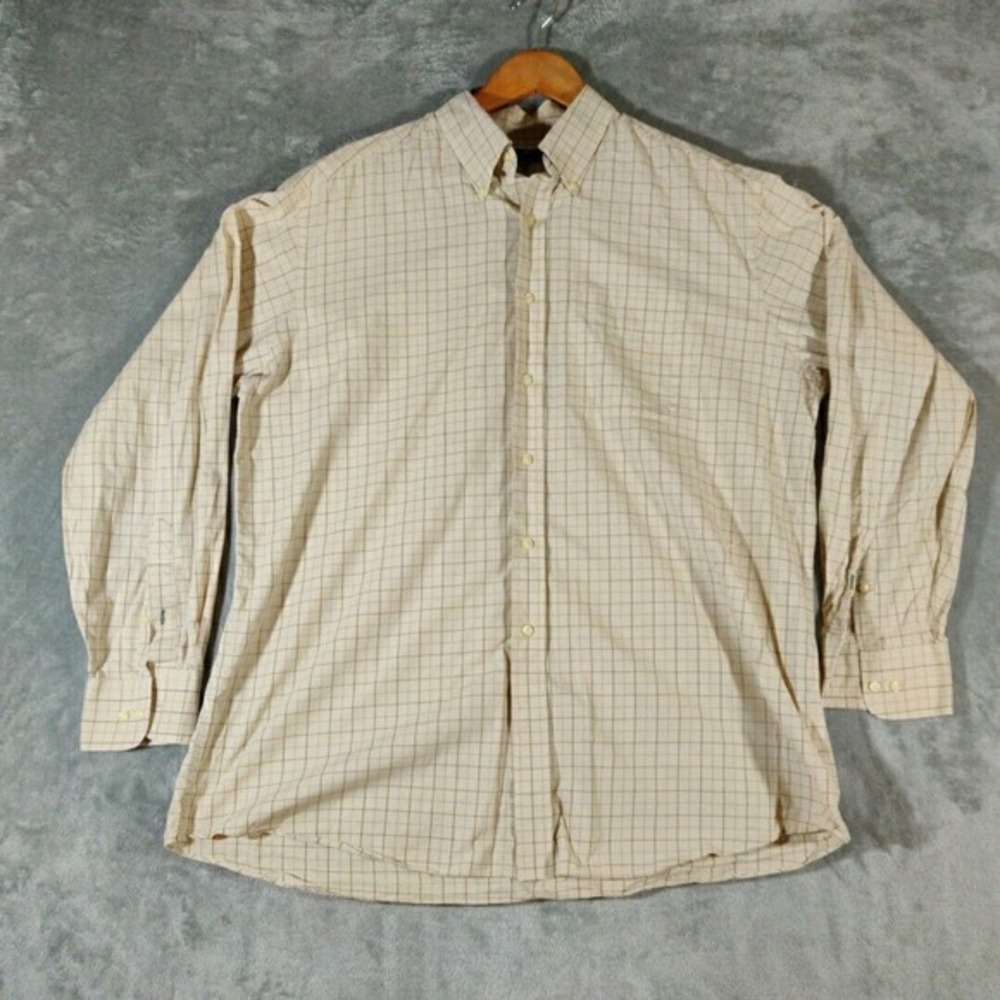 Tommy Hilfiger Shirt Mens 17 34-35 XL Beige Plaid Button Up Casual Preppy Vintag